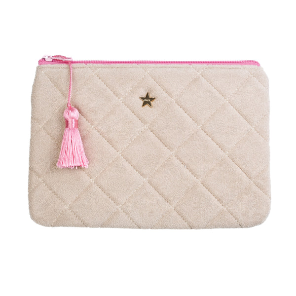 TERRY QUILTED SMALL POUCH SAND W/BUBBLEGUM PINK