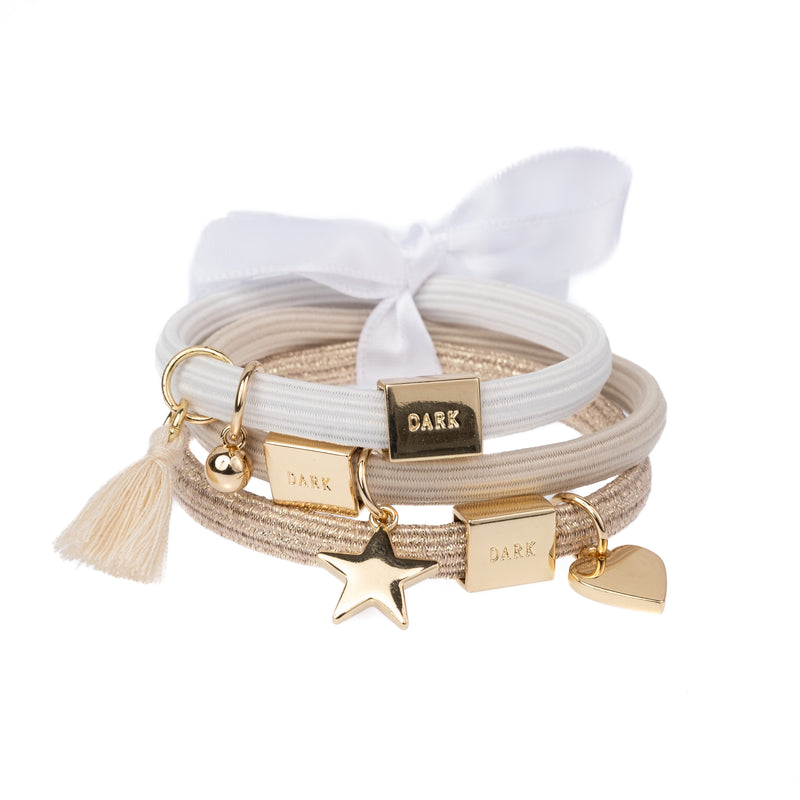 HAIR TIES 3 PK CHARM COMBO SANDS W/GOLD