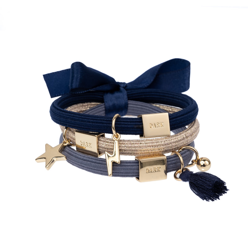 HAIR TIES 3 PK CHARM COMBO NAVY BLUES W/GOLD