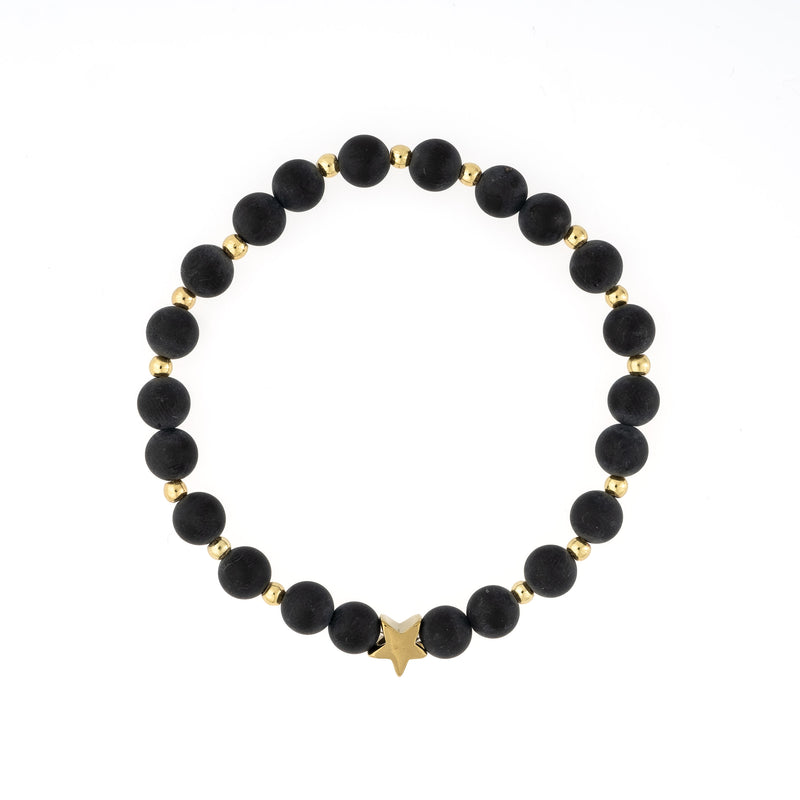 STONE BEAD BRACELET 6 MM W/GOLD BEADS MATTE BLACK