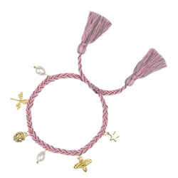 WOVEN FRIENDSHIP BRACELET W/CHARMS BUBBLEGUM PINK & MILIEU GREEN MIX