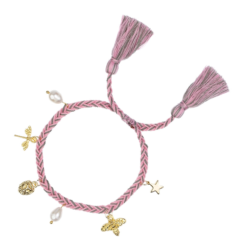 WOVEN FRIENDSHIP BRACELET W/CHARMS BUBBLEGUM PINK & MILIEU GREEN MIX