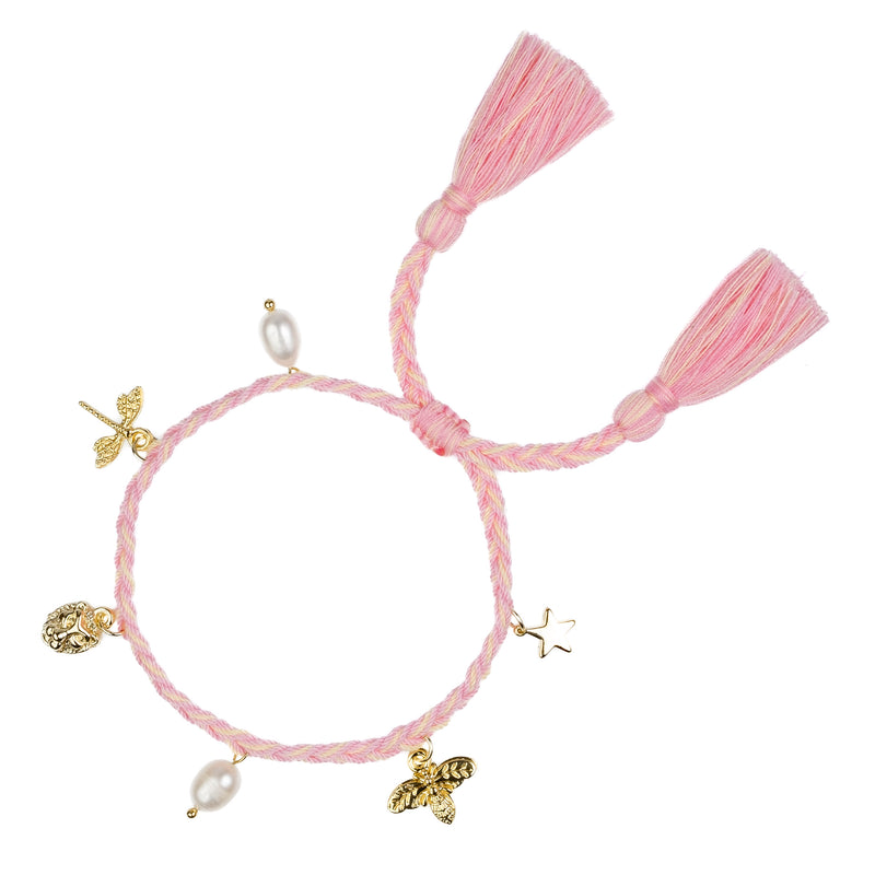 WOVEN FRIENDSHIP BRACELET W/CHARMS BUBBLEGUM PINK & PALE YELLOW MIX