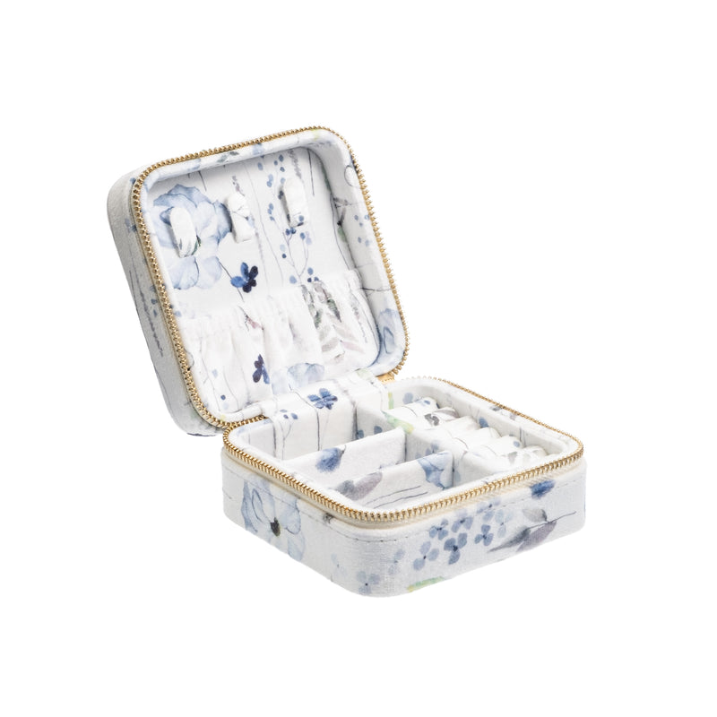 VELVET JEWELLERY BOX MINI BLUE TONES FLOWER PATTERN