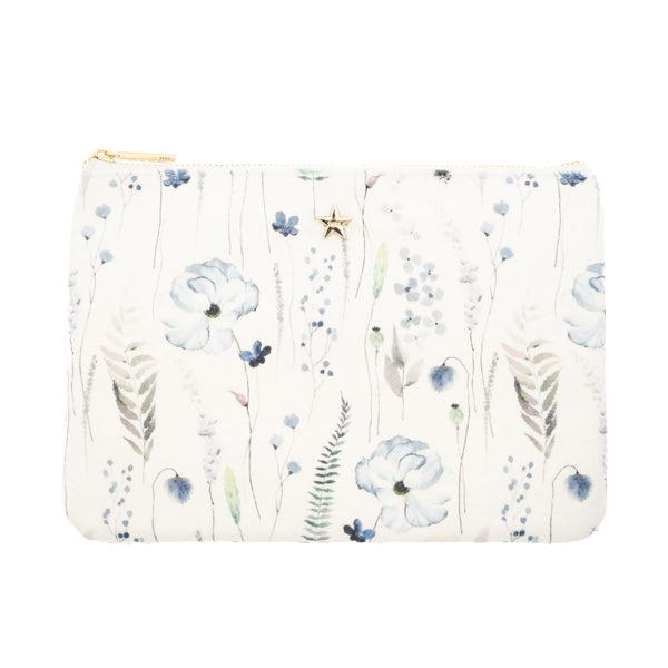 VELVET SMALL POUCH BLUE TONES FLOWER PATTERN