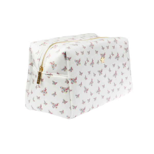 VELVET SQUARE MAKE-UP POUCH LARGE OFF WHITE BUTTERFLY PATTERN