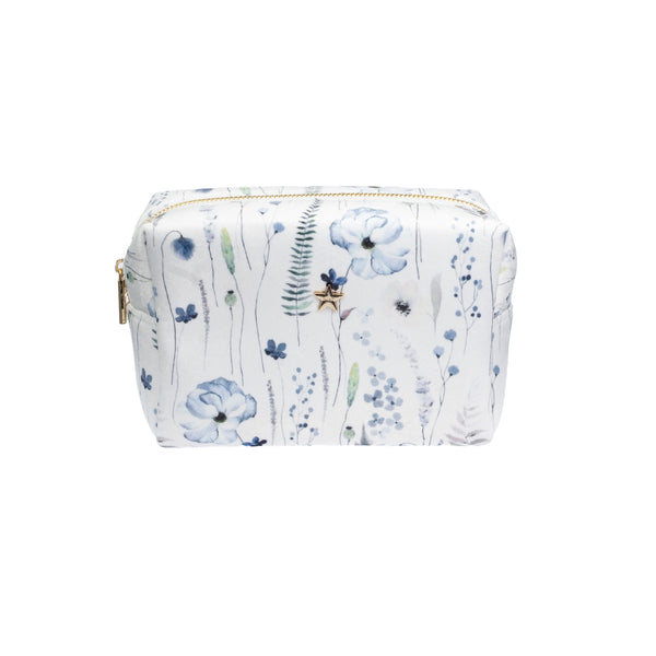 VELVET SQUARE MAKE-UP POUCH SMALL BLUE TONES FLOWER PATTERN