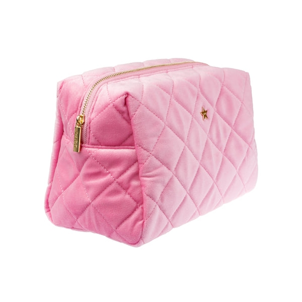 VELVET SQUARE QUILTED MAKE-UP POUCH LARGE BUBBLEGUM PINK