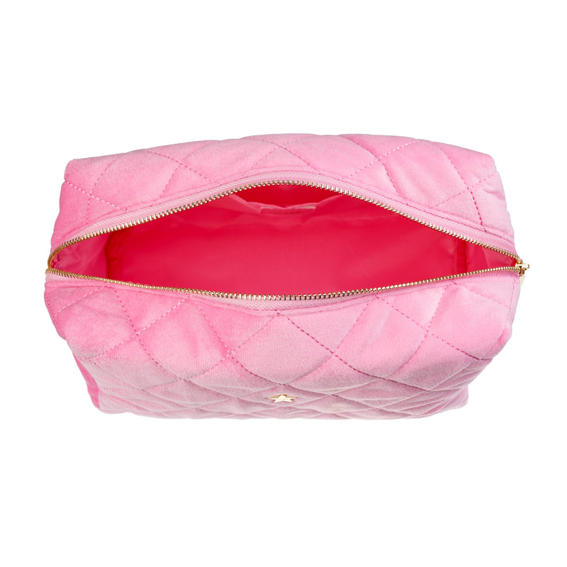 VELVET SQUARE QUILTED MAKE-UP POUCH LARGE BUBBLEGUM PINK