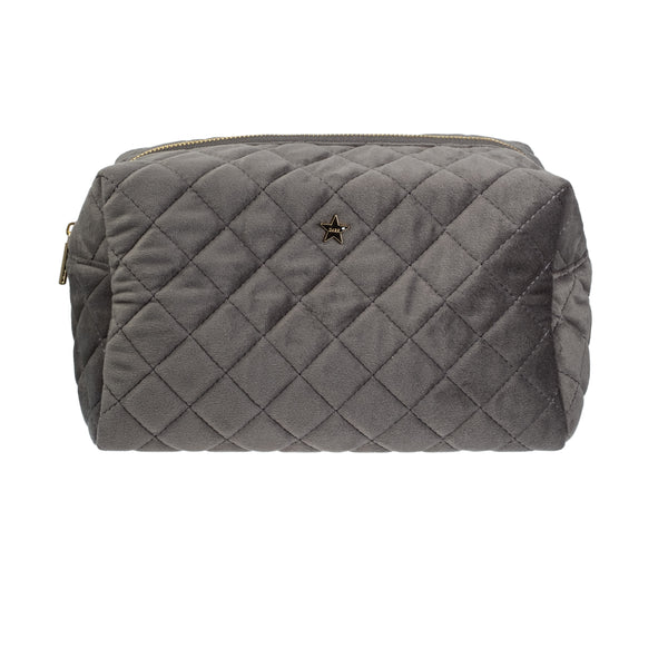 VELVET SQUARE QUILTED MAKE-UP POUCH LARGE DARK GREY