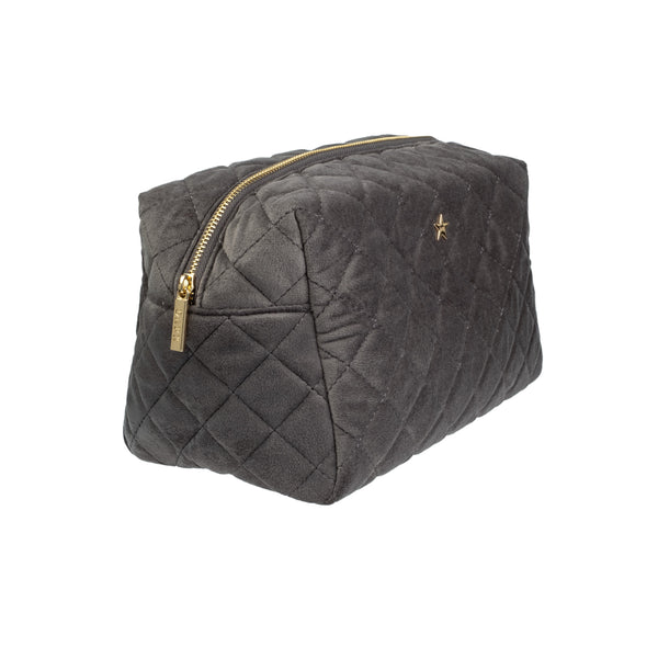 VELVET SQUARE QUILTED MAKE-UP POUCH LARGE DARK GREY