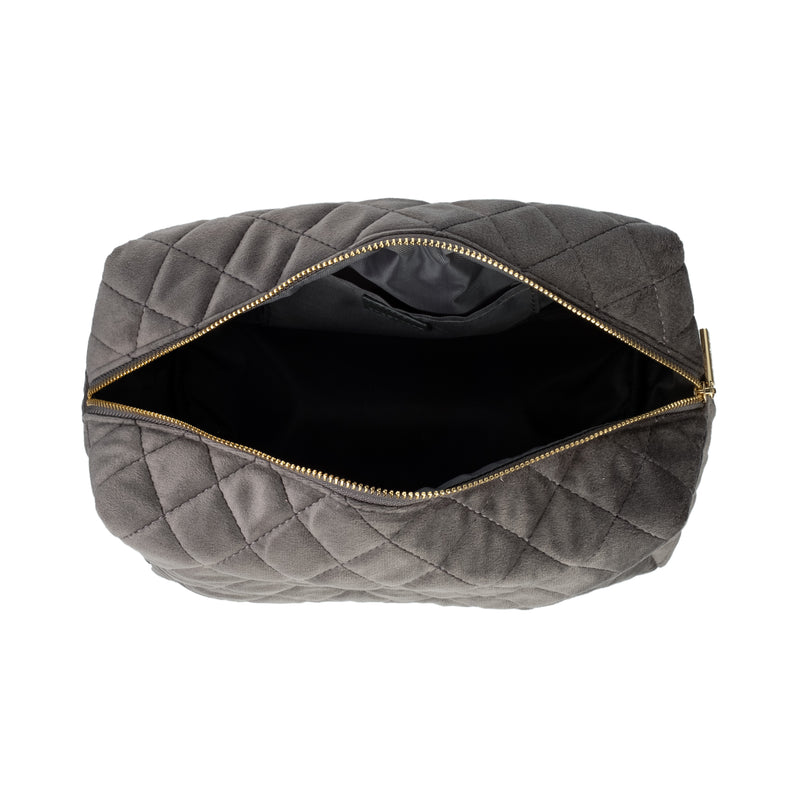 VELVET SQUARE QUILTED MAKE-UP POUCH LARGE DARK GREY