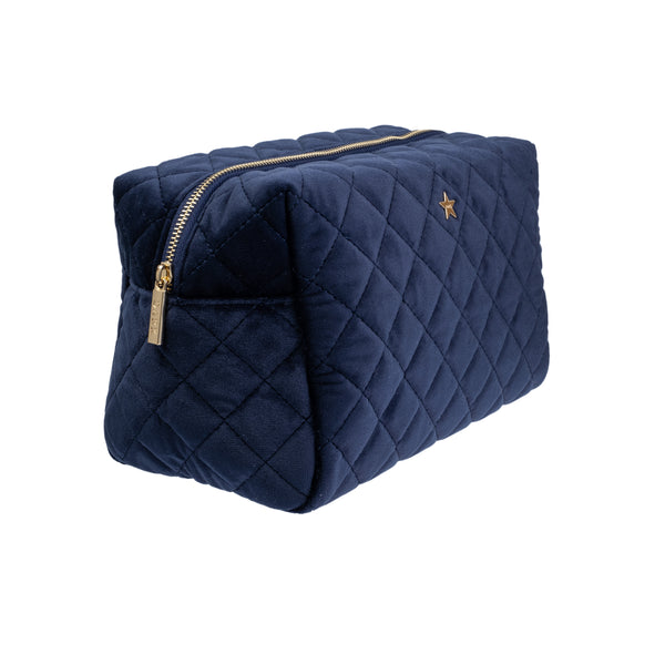 VELVET SQUARE QUILTED MAKE-UP POUCH LARGE NAVY BLUE