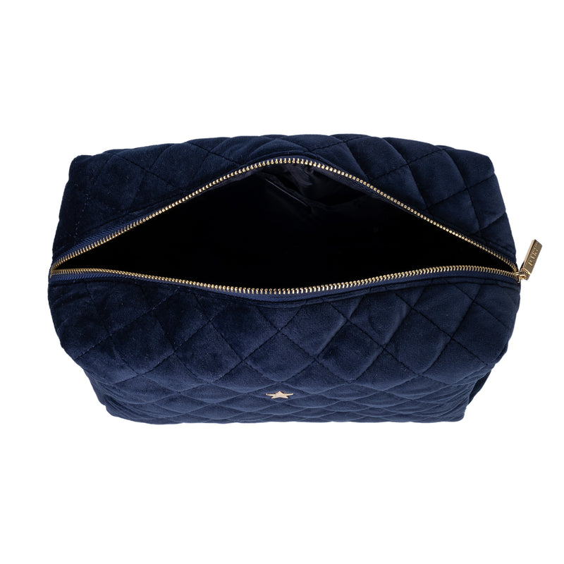 VELVET SQUARE QUILTED MAKE-UP POUCH LARGE NAVY BLUE