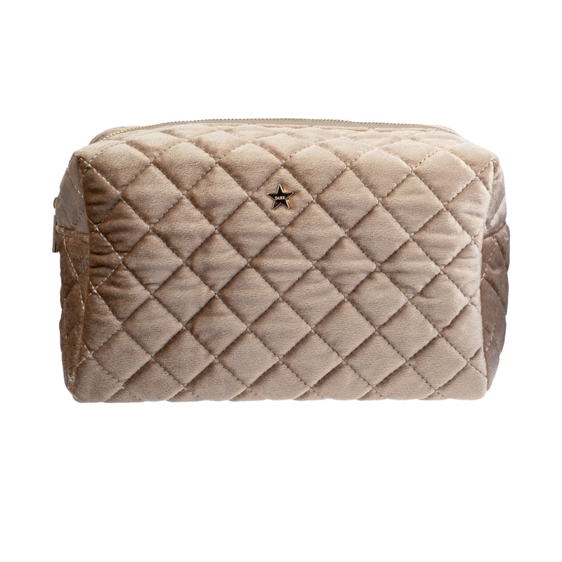 VELVET SQUARE QUILTED MAKE-UP POUCH LARGE SPARKLED CHAMPAGNE