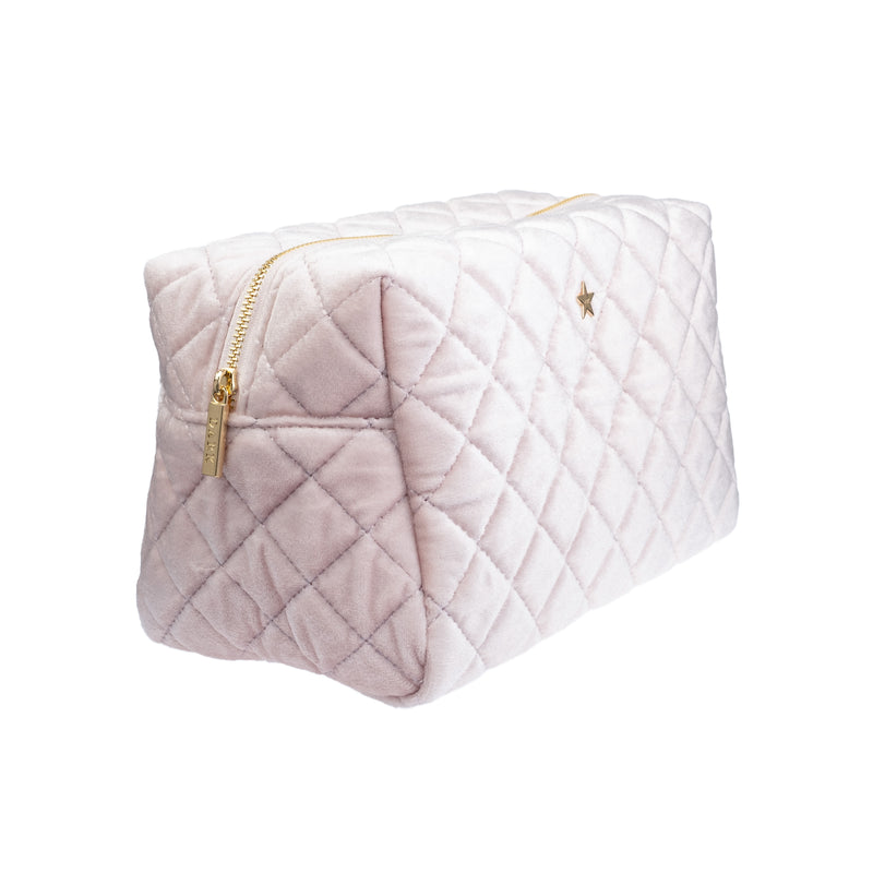 VELVET SQUARE QUILTED MAKE-UP POUCH LARGE SPARKLED PALE ROSE