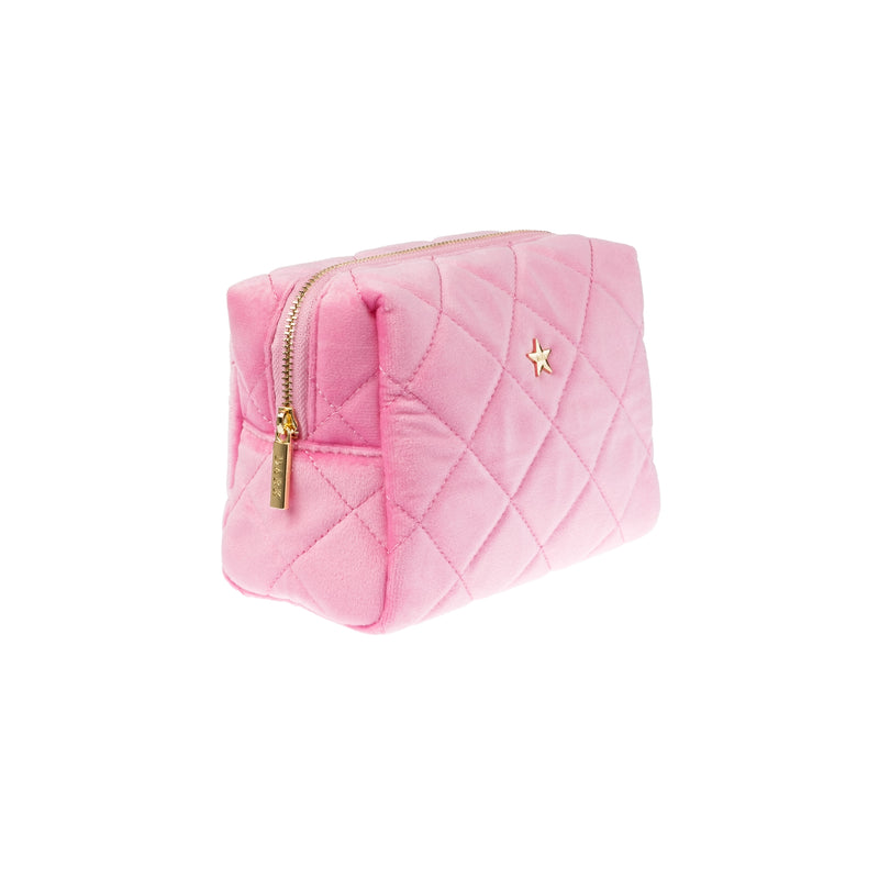 VELVET SQUARE QUILTED MAKE-UP POUCH SMALL BUBBLEGUM PINK