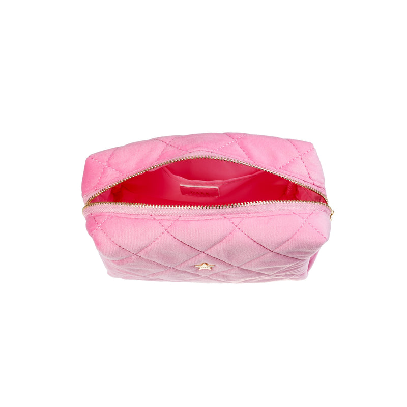 VELVET SQUARE QUILTED MAKE-UP POUCH SMALL BUBBLEGUM PINK