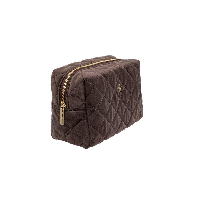 VELVET SQUARE QUILTED MAKE-UP POUCH SMALL CHOCOLATE BROWN