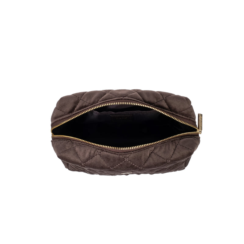 VELVET SQUARE QUILTED MAKE-UP POUCH SMALL CHOCOLATE BROWN