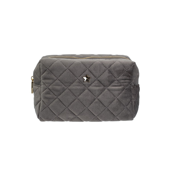 VELVET SQUARE QUILTED MAKE-UP POUCH SMALL DARK GREY