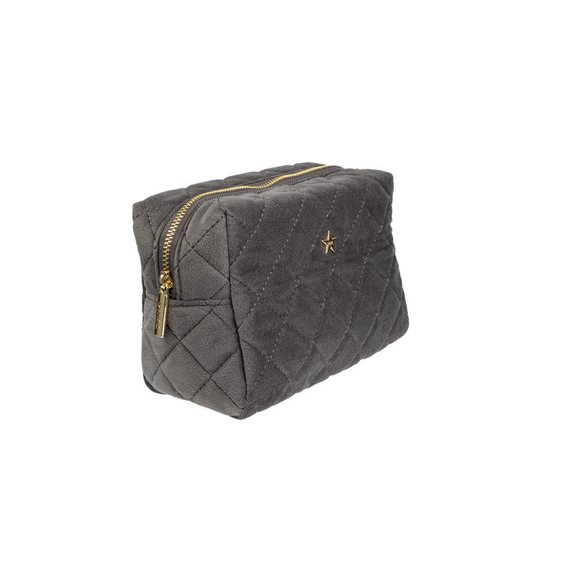 VELVET SQUARE QUILTED MAKE-UP POUCH SMALL DARK GREY