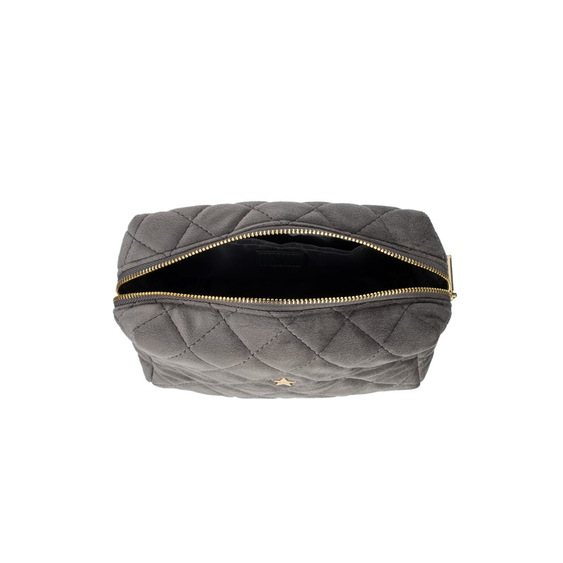 VELVET SQUARE QUILTED MAKE-UP POUCH SMALL DARK GREY