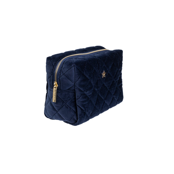 VELVET SQUARE QUILTED MAKE-UP POUCH SMALL NAVY BLUE