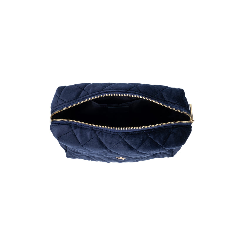 VELVET SQUARE QUILTED MAKE-UP POUCH SMALL NAVY BLUE