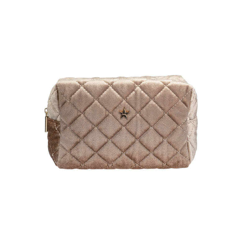 VELVET SQUARE QUILTED MAKE-UP POUCH SMALL SPARKLED CHAMPAGNE