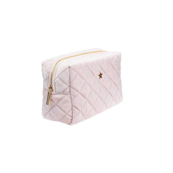 VELVET SQUARE QUILTED MAKE-UP POUCH SMALL SPARKLED PALE ROSE