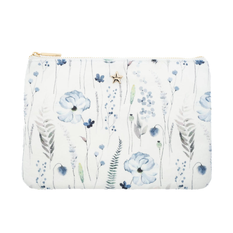 VELVET SMALL POUCH BLUE TONES FLOWER PATTERN