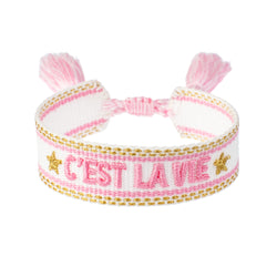 Woven Friendship Bracelet "C'est La Vie" White W/Bubblegum Pink & Gold