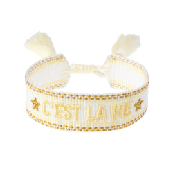 Woven Friendship Bracelet "C'est La Vie" White W/Pale Yellow & Gold