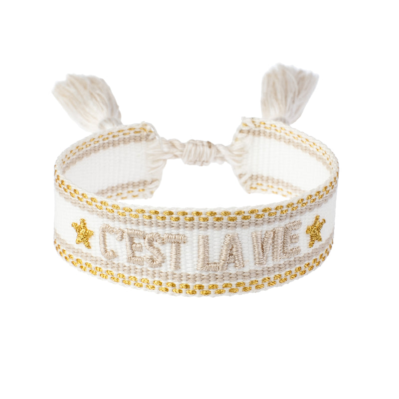 Woven Friendship Bracelet "C'est La Vie" White W/Sand & Gold