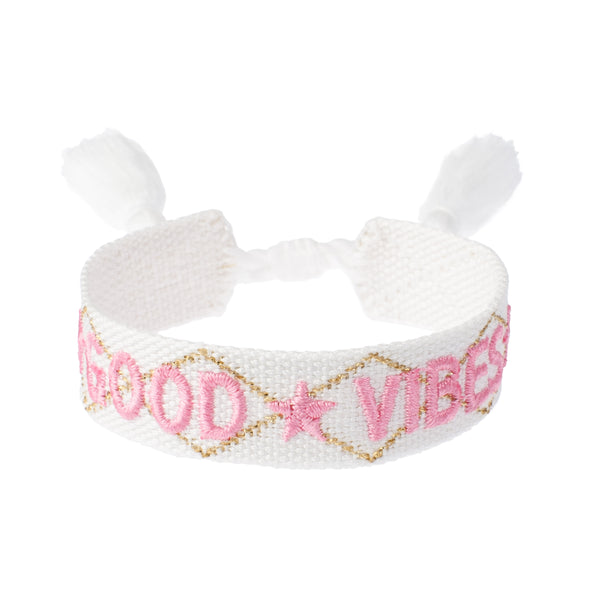 WOVEN FRIENDSHIP BRACELET "GOOD VIBES" WHITE W/BUBBLEGUM PINK