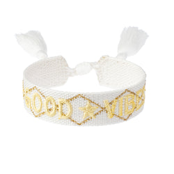 Woven Friendship Bracelet "Good Vibes" White W/Pale Yellow & Gold