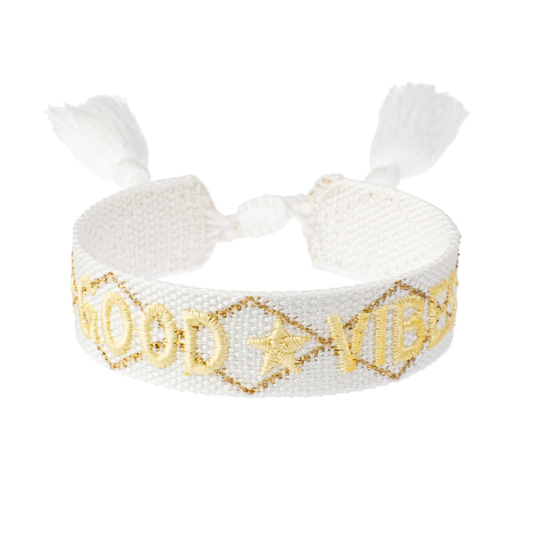 Woven Friendship Bracelet "Good Vibes" White W/Pale Yellow & Gold