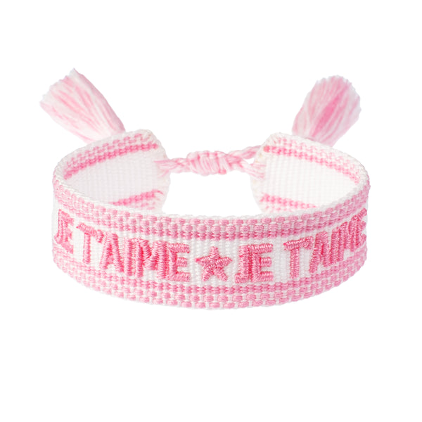 Woven Friendship Bracelet "Je T'aime" White W/Bubblegum Pink