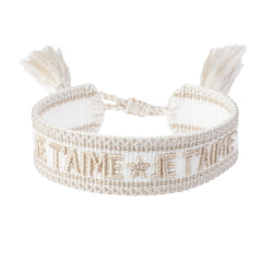 Woven Friendship Bracelet "Je T'aime" White W/Sand