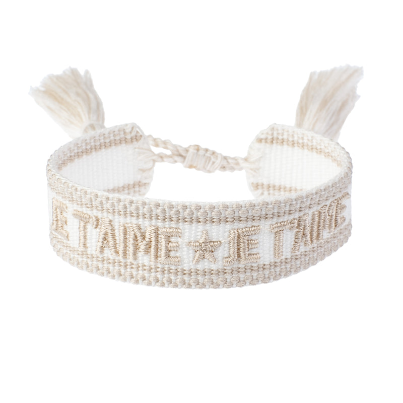 Woven Friendship Bracelet "Je T'aime" White W/Sand