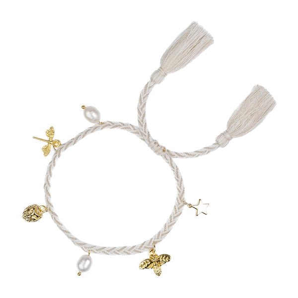 WOVEN FRIENDSHIP BRACELET W/CHARMS WHITE & SAND MIX