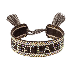 WOVEN FRIENDSHIP BRACELET W/CRYSTALS "C'est La Vie" Chocolate Brown