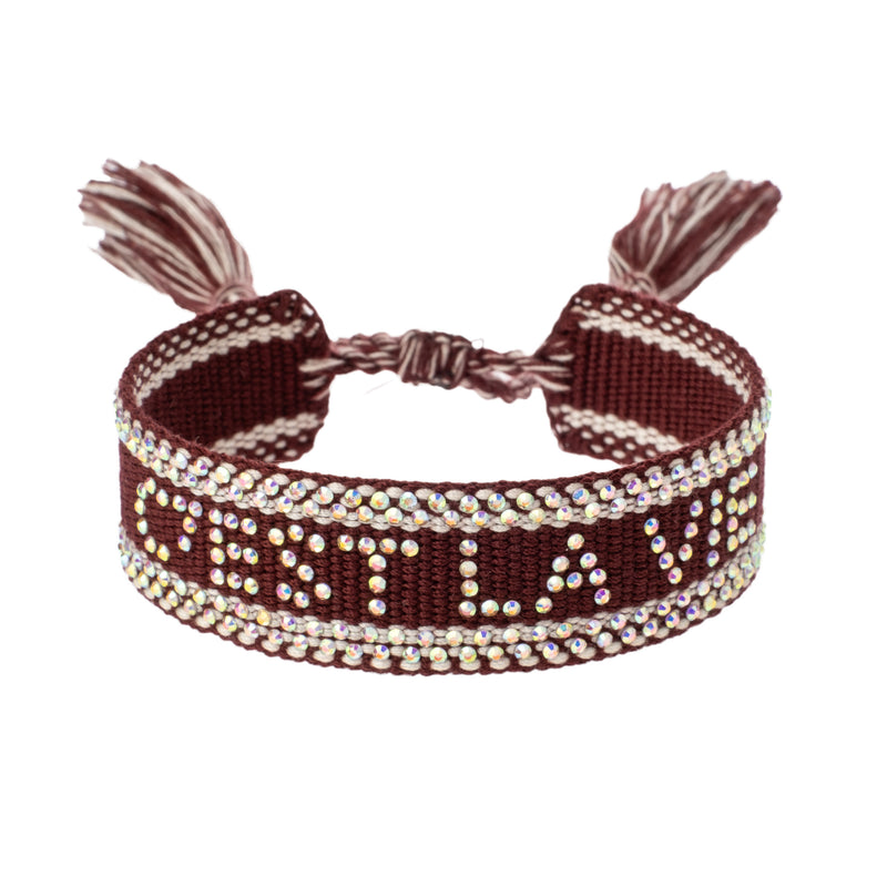 WOVEN FRIENDSHIP BRACELET W/CRYSTALS "C'est La Vie" Maroon