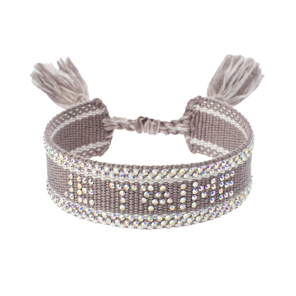 WOVEN FRIENDSHIP BRACELET W/CRYSTALS "Je T'aime" Taupe