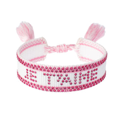 WOVEN FRIENDSHIP BRACELET W/CRYSTALS "JE T`AIME" WHITE W/BUBBLEGUM PINK