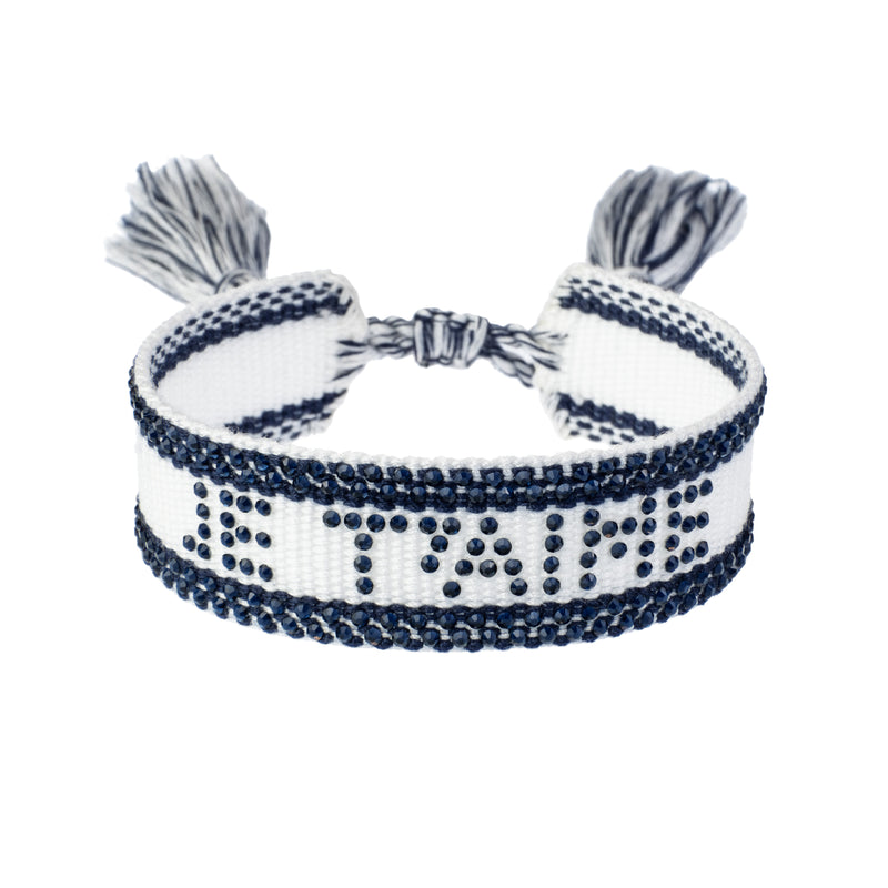 WOVEN FRIENDSHIP BRACELET W/CRYSTALS "Je T'aime" White W/Navy Blue