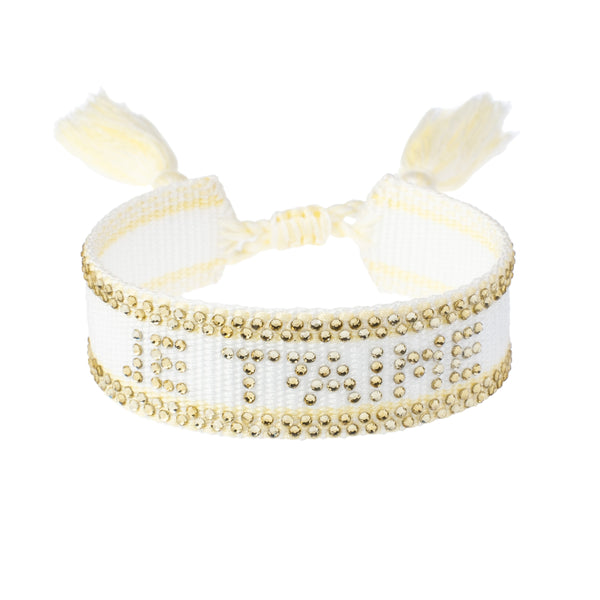 WOVEN FRIENDSHIP BRACELET W/CRYSTALS "Je T'aime" White W/Pale Yellow