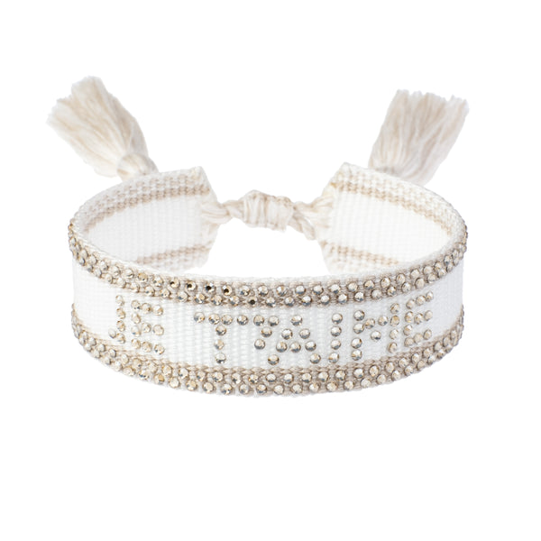 WOVEN FRIENDSHIP BRACELET W/CRYSTALS "Je T'aime" White W/Sand