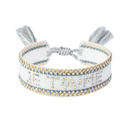 WOVEN FRIENDSHIP BRACELET W/CRYSTALS "JE T`AIME" WHITE W/TEAL